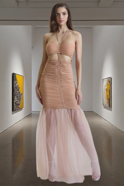 Aayla Ruched Tulle Mermaid Gown with Halter Cutout & Layered Hem | Rose Paulino