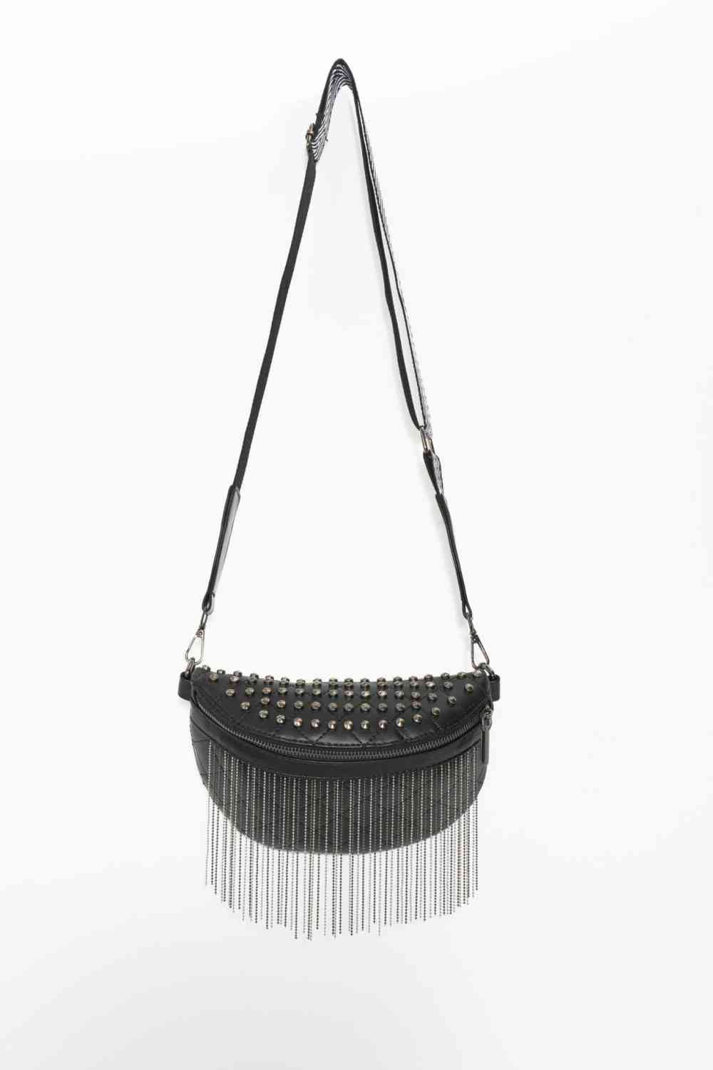 Adored PU Leather Studded Sling Bag with Fringes