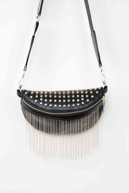 Adored PU Leather Studded Sling Bag with Fringes