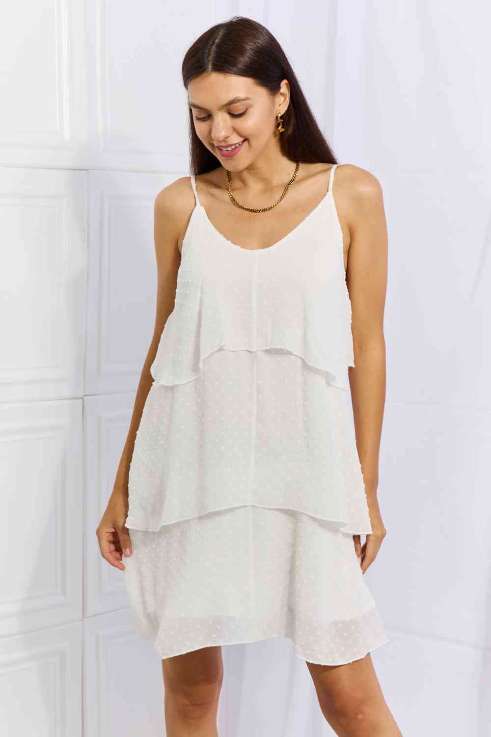 Culture Code By The River Full Size Cascade Ruffle Style Cami Dress in Soft White